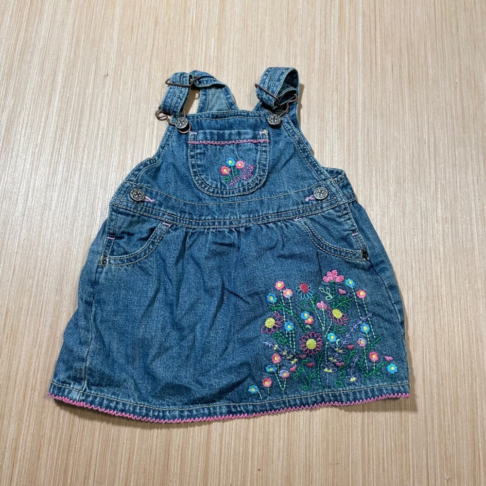 OshKosh B'gosh Overall Jumper Baby Girl Floral Embroidered Denim Dress 12M